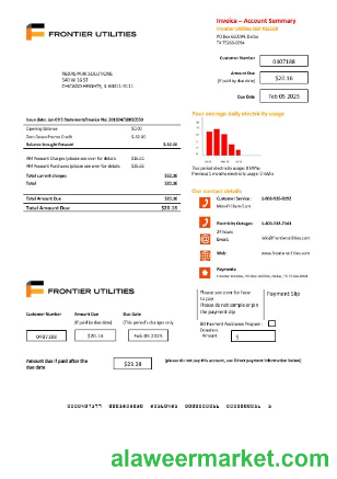 USA Texas Frontier Utilities business utility bill template in Word and PDF formats